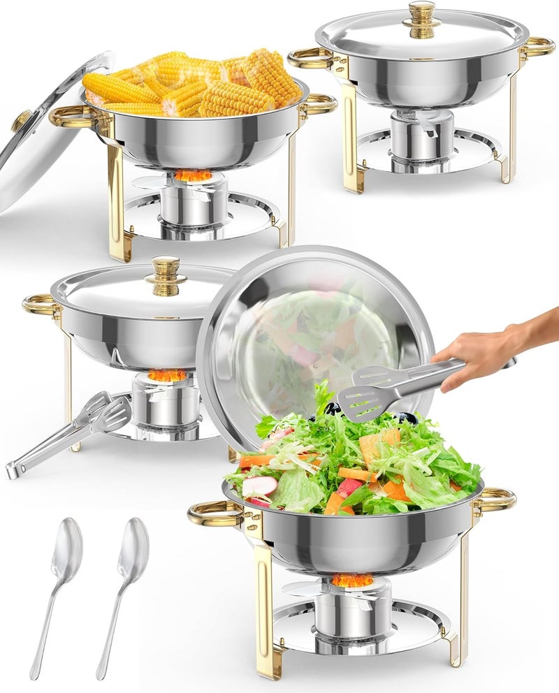 Takywep 5QT 4 Packs Chafing Dish Buffet Set, NSF Round Stainless Steel Chafers and Warmers Food Servers Sets with Lid & Lid Holder, Spoon & Tweezer for Catering Events Parties Weddings Dinners, Gold - Image 1