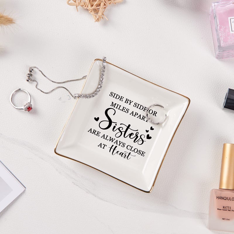 Spegiffu Sister Gifts Trinket Jewelry Dish- Side by side or miles apart, sisters are always close at heart, Sisters Birthday Gifts Mother's Day Valentines Christmas Gift for Sister from Sister - Image 4