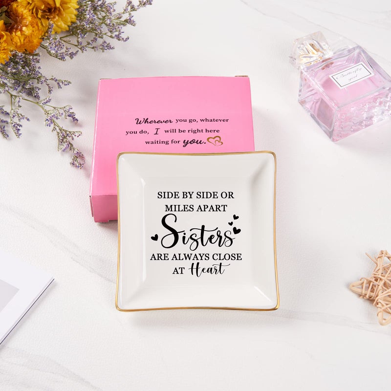 Spegiffu Sister Gifts Trinket Jewelry Dish- Side by side or miles apart, sisters are always close at heart, Sisters Birthday Gifts Mother's Day Valentines Christmas Gift for Sister from Sister - Image 3