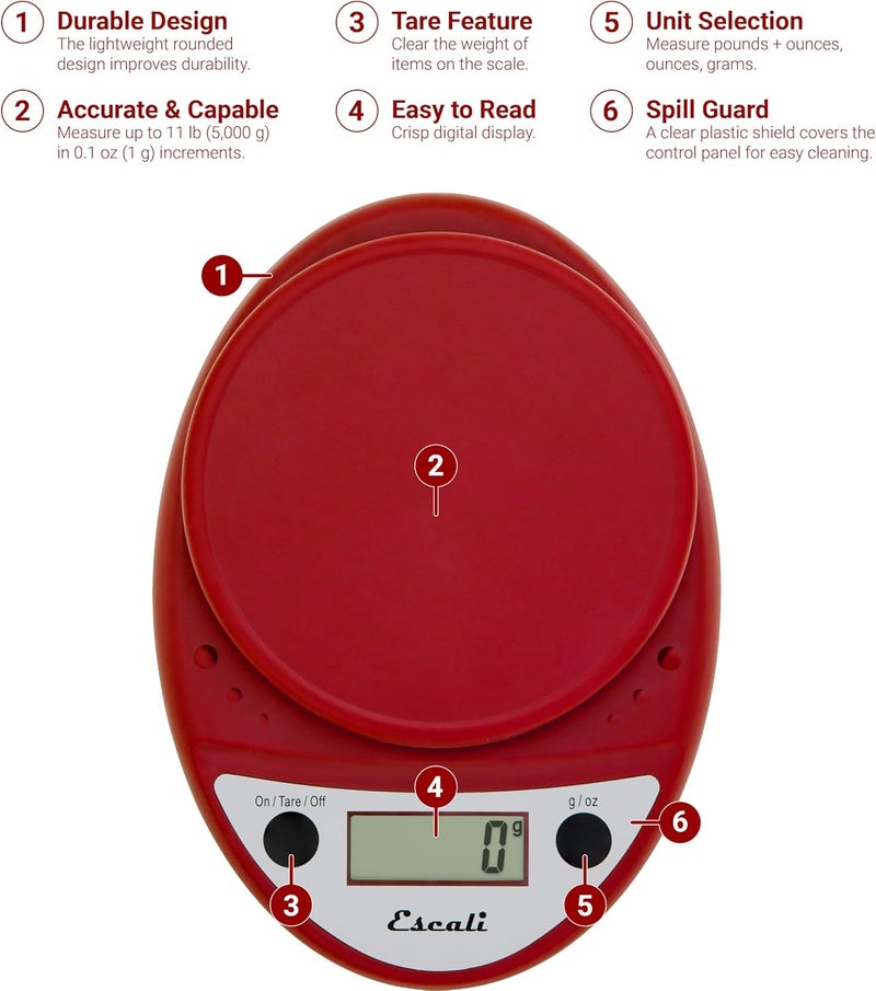 Escali Primo Digital Food Scale Multi-Functional Kitchen Scale and Baking Scale for Precise Weight Measuring and Portion Control, 8.5 x 6 x 1.5 inches, Warm Red - Image 3