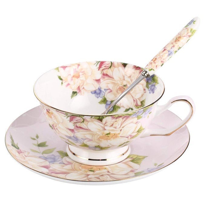 PINK TEA CUPFLORAL TEA CUP AND SAUCER SETBONE CHINA TEA SETCOFFEE CUPTEA SET FOR ADULTSFRIENDSWOMENMEN7OZ