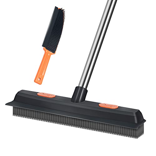 Lanhope LandHope Carpet Rake for Pet Hair Remover Long Handle with Squeegee Rubber Broom Carpet Brush Non Scratch Bristles Fur Remover Indoor Outdoor Push Broom for Cat Dog Hair Hardwood Tile Windows Clean - Image 1