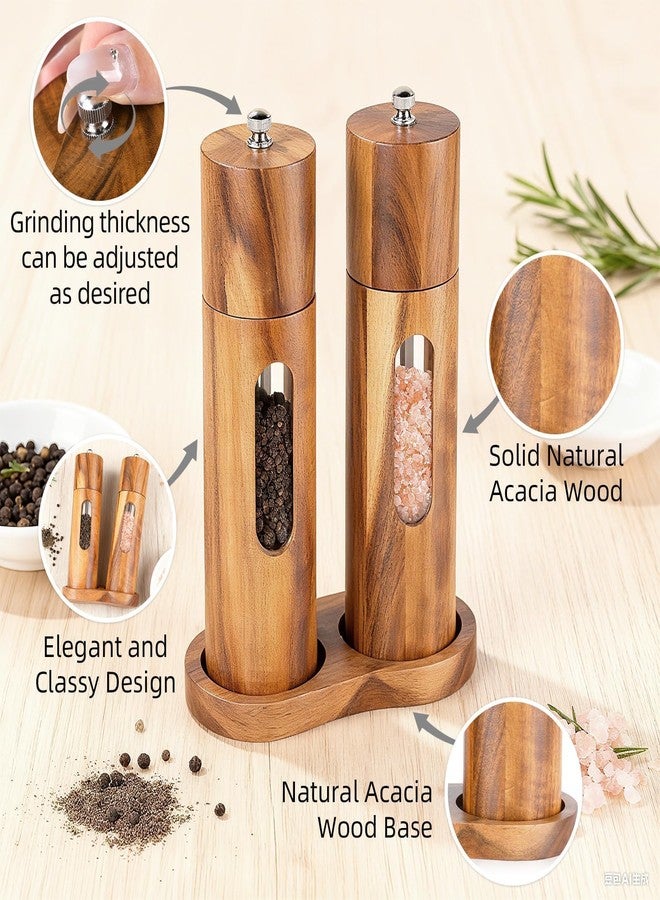 E-ROOM TREND Acacia Wood Salt and Pepper Grinder Set with Base, Refillable Wooden Pepper & Salt Mill with Adjustable Ceramic Grinder for Kitchen & Dining,Durable Manual Salt Grinder - Image 4