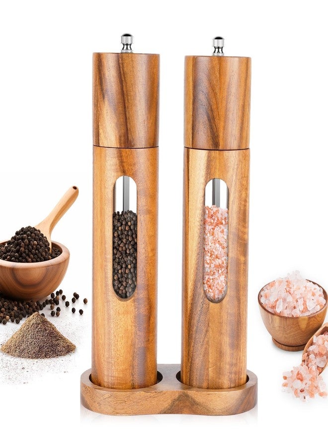 E-ROOM TREND Acacia Wood Salt and Pepper Grinder Set with Base, Refillable Wooden Pepper & Salt Mill with Adjustable Ceramic Grinder for Kitchen & Dining,Durable Manual Salt Grinder - Image 1
