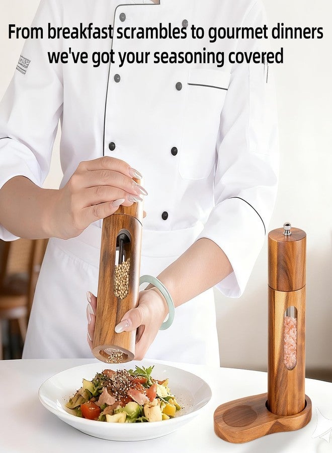 E-ROOM TREND Acacia Wood Salt and Pepper Grinder Set with Base, Refillable Wooden Pepper & Salt Mill with Adjustable Ceramic Grinder for Kitchen & Dining,Durable Manual Salt Grinder - Image 3