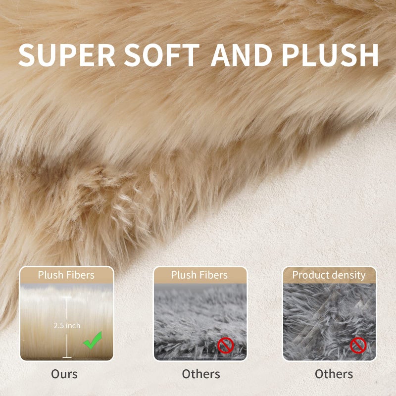 Tangsoo Faux Fur Rug for Bedroom, Fluffy Runner Rugs Soft Sheepskin Rug Sofa Couch Seat Cushion, 2x6ft Beige Plush Area Rug Shag Rugs Floor Carpets for Nursery Bedside, Cute Shaggy Fuzzy Home Decor - Image 5