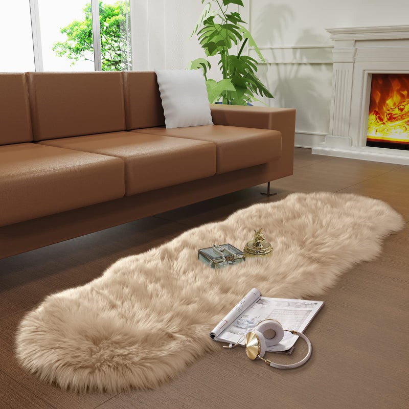 Tangsoo Faux Fur Rug for Bedroom, Fluffy Runner Rugs Soft Sheepskin Rug Sofa Couch Seat Cushion, 2x6ft Beige Plush Area Rug Shag Rugs Floor Carpets for Nursery Bedside, Cute Shaggy Fuzzy Home Decor - Image 2