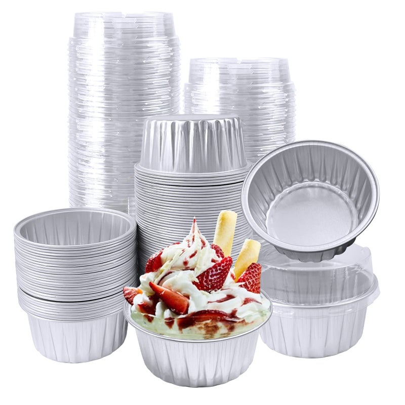 100Pcs Aluminum Cups with Lids5oz Disposable Ramekin Baking Cups Muffin Liners Mini Pie Pans Foil Cupcake Containers for Christmas Party WeddingSilver