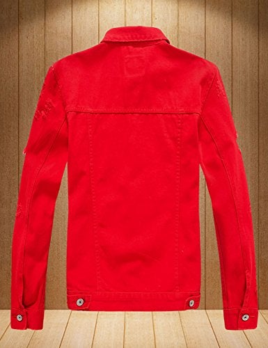 DSDZ Men`s Classic Ripped Hip Hop Motorcycle Denim Jacket Red US S(Tag asian XL) - Image 2