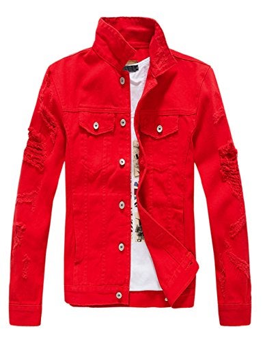 DSDZ Men`s Classic Ripped Hip Hop Motorcycle Denim Jacket Red US S(Tag asian XL) - Image 1