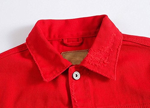 DSDZ Men`s Classic Ripped Hip Hop Motorcycle Denim Jacket Red US S(Tag asian XL) - Image 3