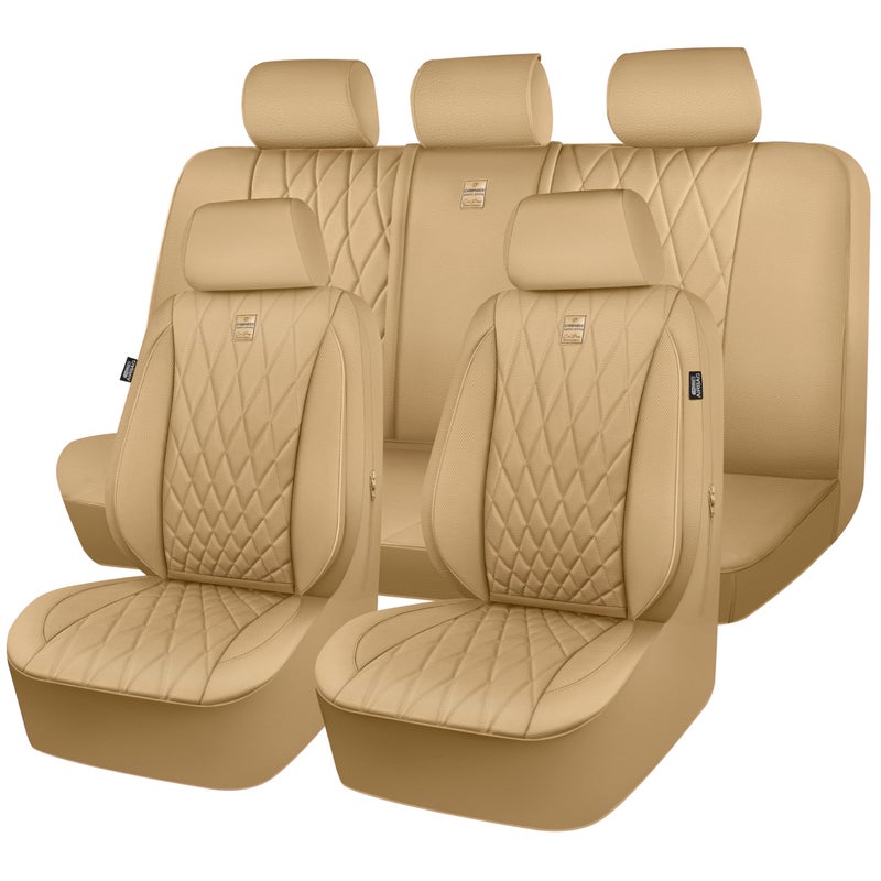 CAR PASS Piping Luxury Leather Seat Covers Full Set5 Seats Leatherette AntiSlip Waterproof Seat Covers Compatible with Front ArmrestsUniversal Fit for SuvsVansTrucksAirbag CompatiblePure Beige