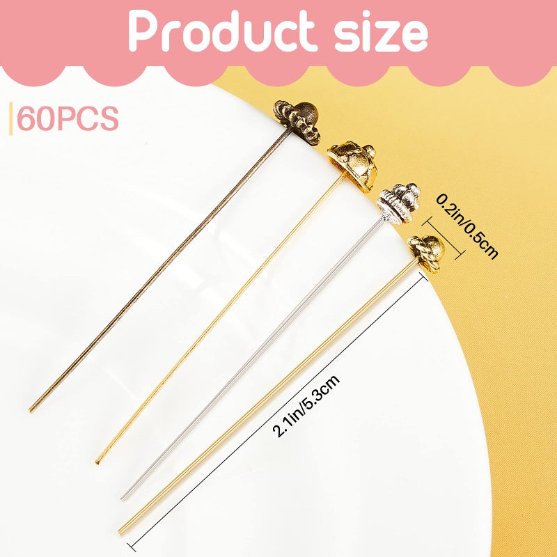 Mtlee 60 Pieces Head Pins for Jewelry Making Flower Beads Ball Pins 2.1 Inch with Clear Box for Jewelry Making Earring Bracelet DIY Accessories, Silver, 3 Colors(Classic Style) - Image 2