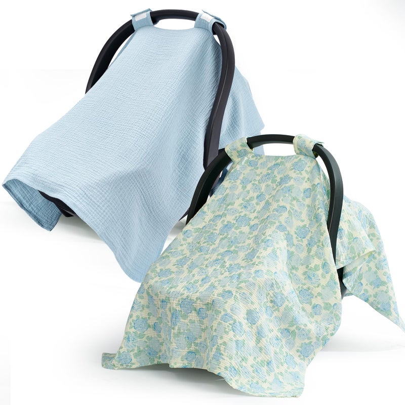SERAPHY 100% Muslin Cotton Car Seat Cover Baby, 2 Pack Universal Carseat Covers Baby Boy Girl, Breathable Car Seat Canopy, Soft Infant Car Seat Cover for Summer and Winterâ€”2 Pcs Blue&Flowers - Image 1