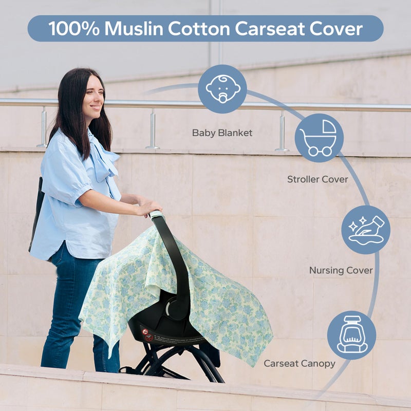 SERAPHY 100% Muslin Cotton Car Seat Cover Baby, 2 Pack Universal Carseat Covers Baby Boy Girl, Breathable Car Seat Canopy, Soft Infant Car Seat Cover for Summer and Winterâ€”2 Pcs Blue&Flowers - Image 3