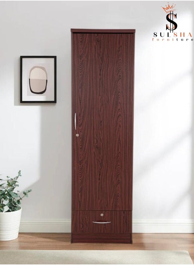 SULSHA Sulsha One Door Wooden Wardrobe Cabinet Cupboard With Door & Drawer Lock Keys Engineered Wood Perfect Modern Stylish Heavy Duty Color Mahogany  - Image 1
