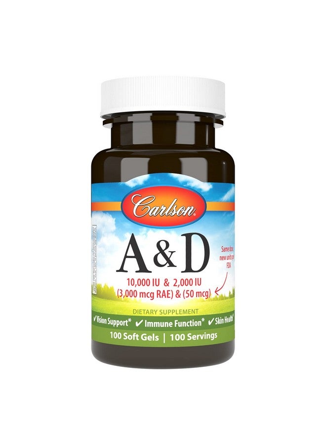 Carlson - A & D, 10000 IU (3000 mcg RAE) Vitamin A, 2000 IU (50 mcg) Vitamin D, Vision Support, Skin Health, 100 Softgels - Image 1