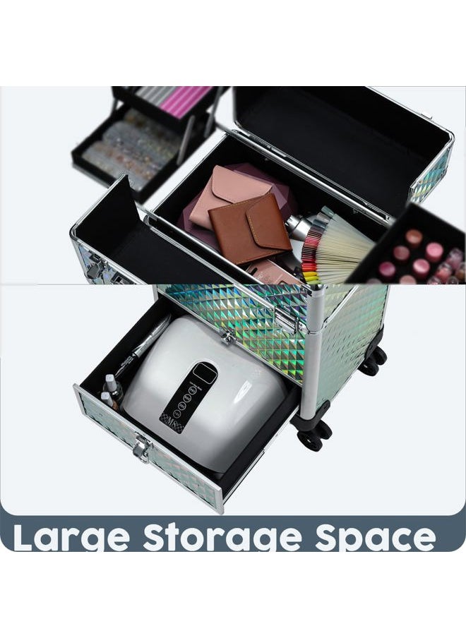 Hododou Rolling Makeup Case with Drawer Travel Trolley Cosmetology Case on Wheel Makeup Storage Salon Barber Case Traveling Cart Trunk for Cosmetologist Nail Tech Hairstylist - Blue  - Image 5