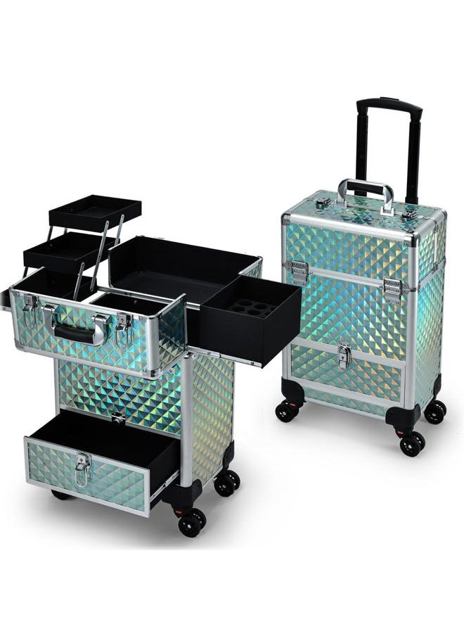 Hododou Rolling Makeup Case with Drawer Travel Trolley Cosmetology Case on Wheel Makeup Storage Salon Barber Case Traveling Cart Trunk for Cosmetologist Nail Tech Hairstylist - Blue  - Image 1