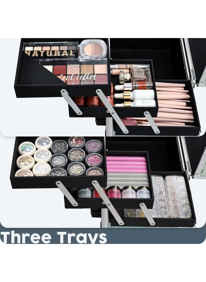 Hododou Rolling Makeup Case with Drawer Travel Trolley Cosmetology Case on Wheel Makeup Storage Salon Barber Case Traveling Cart Trunk for Cosmetologist Nail Tech Hairstylist - Blue  - Image 3