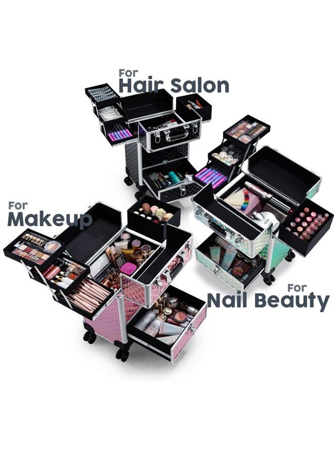 Hododou Rolling Makeup Case with Drawer Travel Trolley Cosmetology Case on Wheel Makeup Storage Salon Barber Case Traveling Cart Trunk for Cosmetologist Nail Tech Hairstylist - Blue  - Image 2