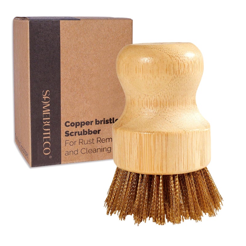 SAMBUTECO Cast Iron Cleaner Scrubber with Copper Bristle Natural Bamboo Handle Heavy Duty Pot Brush for Cast Iron Pans Cast Iron Skillets Dutch Ovens Pots BBQ Grill Rust Removal and Cleaning