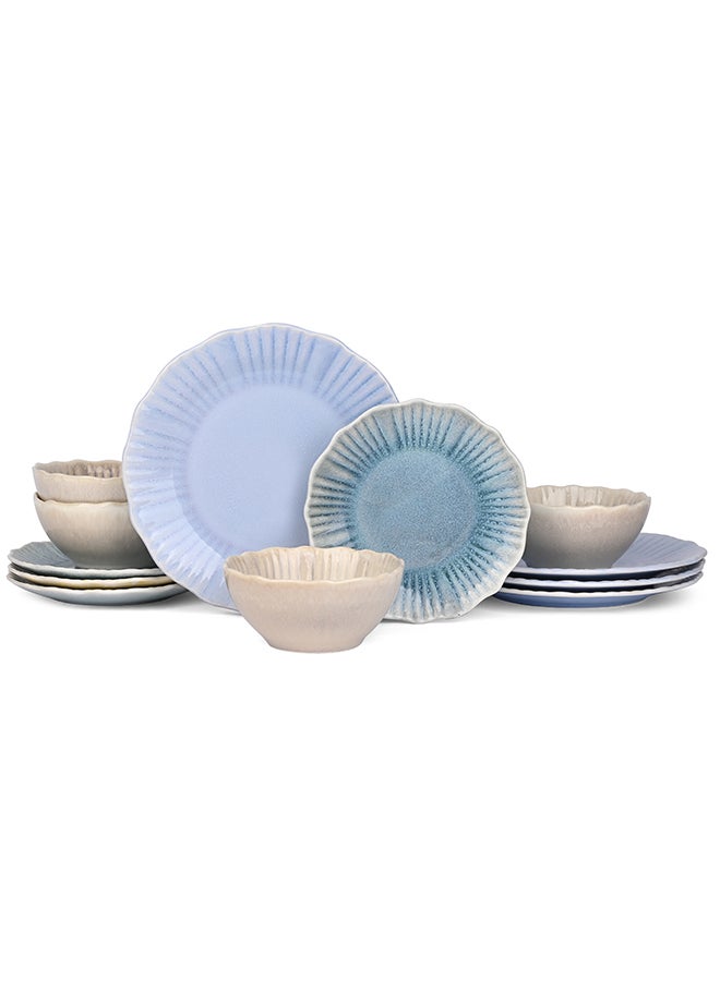 Ollieroo 12 piece Stoneware Dinnerware Set, Set for 4, Microwave & Dishwasher Safe, Beach House vibe, Glossy Multicolor Blue - Image 1