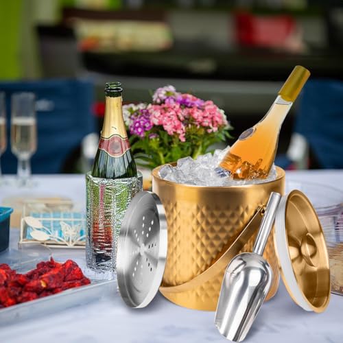 NBNSTHV 3L DoubleWall Insulated Stainless Steel Ice Bucket with scoop for Cocktail Bar Metal Ice Bucket for freezer with Lid for partiesCampingand Morechampagne bucketbar cart accessoriesgold - Image 3