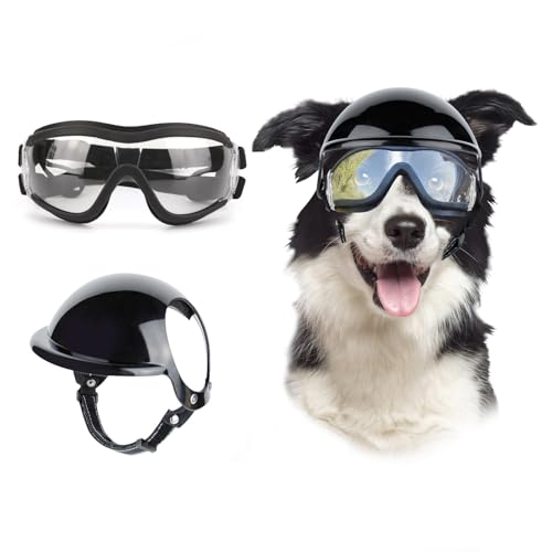 Billionchains Dog Goggles and Helmet Set Antidust UV Protection Sunglasses Durable Motorcycle Helmet With Ear Hole Adjustable Pet Glasses for Medium to Large DogsClear - Image 1