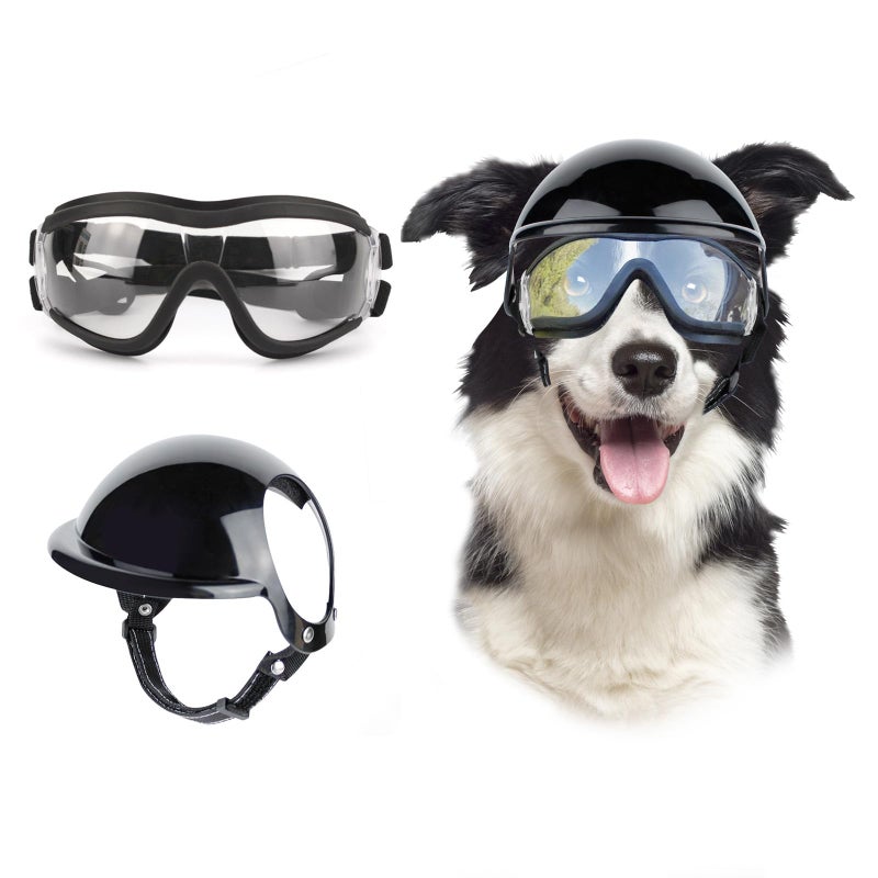 Billionchains Dog Goggles and Helmet Set Antidust UV Protection Sunglasses Durable Motorcycle Helmet With Ear Hole Adjustable Pet Glasses for Medium to Large DogsClear - Image 2