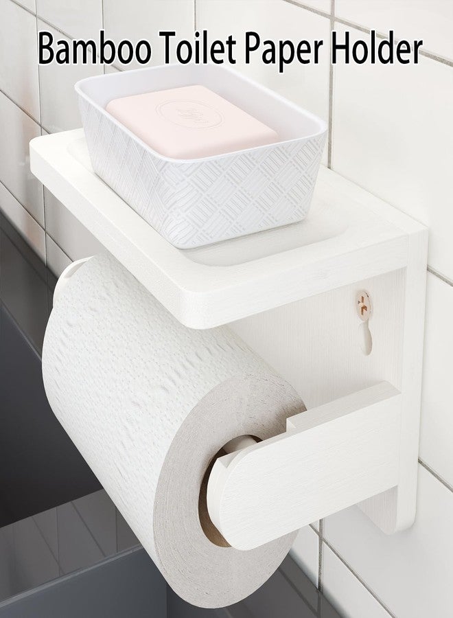 SRTFINE Drill-Free Toilet Paper Holder with Phone Shelf Bamboo Wall-Mounted, No-Drill & Drillable, Bathroom Storage Organizer, Space Saver Tissue Roll Rack for Bathroom, Kitchen, Home Decor (White) - Image 3