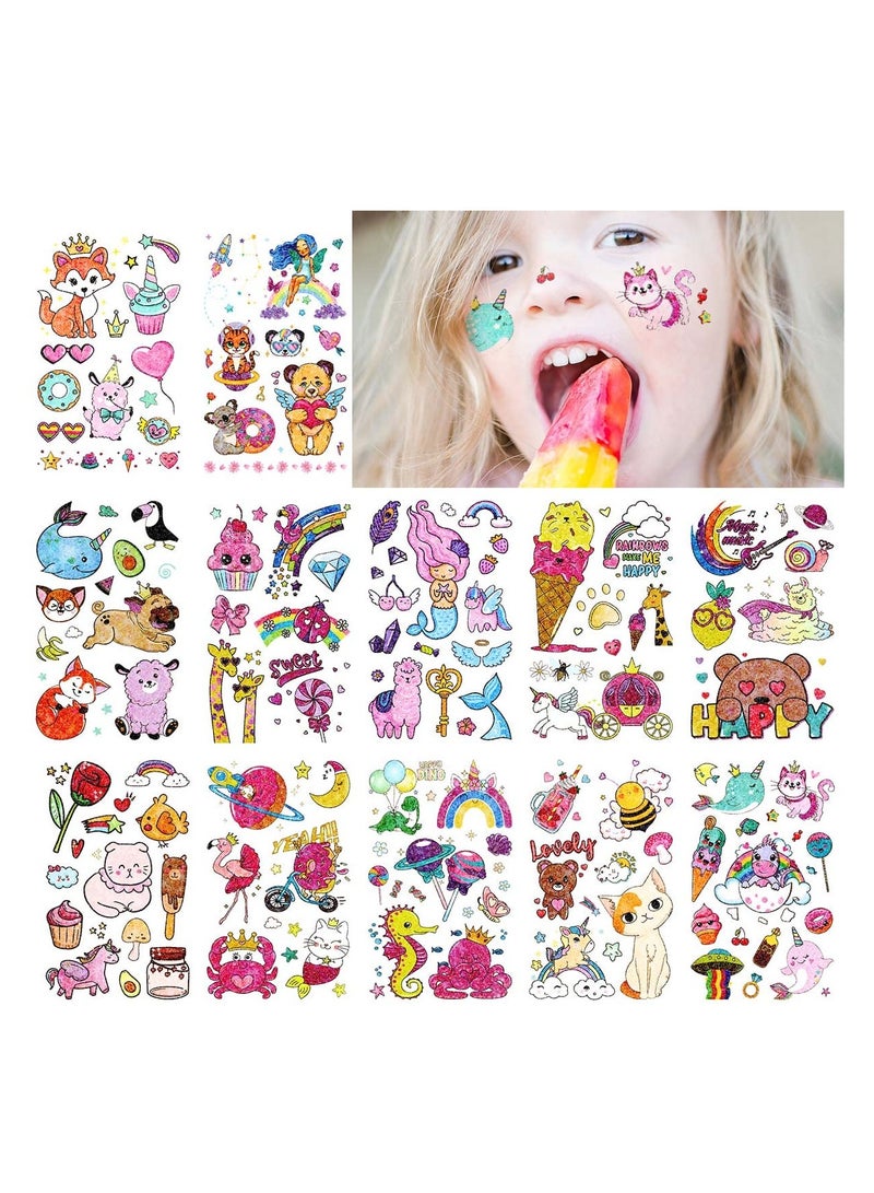 SYOSI Glitter Animal Tattoos Temporary, for Kids Girls and Boys Birthday Party Favor Supplies, Children Cartoon Waterproof Body Stickers, Unicorn/ Butterfly/ Mermaid Princess/ Candy Designs (12 Sheets) - Image 1