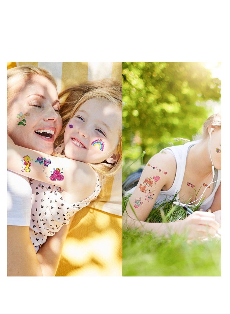 SYOSI Glitter Animal Tattoos Temporary, for Kids Girls and Boys Birthday Party Favor Supplies, Children Cartoon Waterproof Body Stickers, Unicorn/ Butterfly/ Mermaid Princess/ Candy Designs (12 Sheets) - Image 3