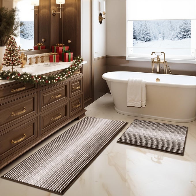 BATHROOM RUGS AND MATS SETS 2 PIECE THICK ABSORBENT CHENILLE BATH MAT RUG SET NON SLIP SOFT SHAGGY BATH ROOM FLOOR MATS FOR BATHROOM MACHINE WASHABLE BROWN 20 X 47 PLUS 16 X 24