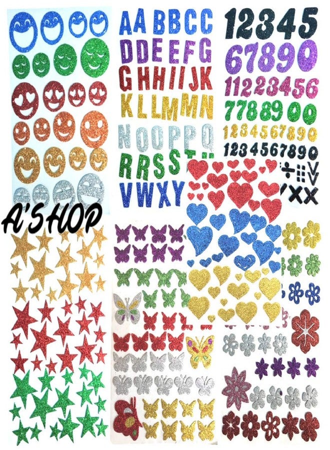 A'SHOP Glitter Foam Self Adhesive Alphabets, Butterflies, Stars, Numeric, Hearts, Flowers & Smiley Mix Stickers for Art and Craft (Multicolour, Medium) - Set of 7 Sheets - Image 1