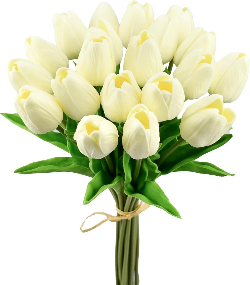 Mandy's Artificial Tulips 20 Stems Cream PU Faux Flowers for Thanksgiving and Christmas Decorations Wedding Home Decor 13.5 Inch - Image 1