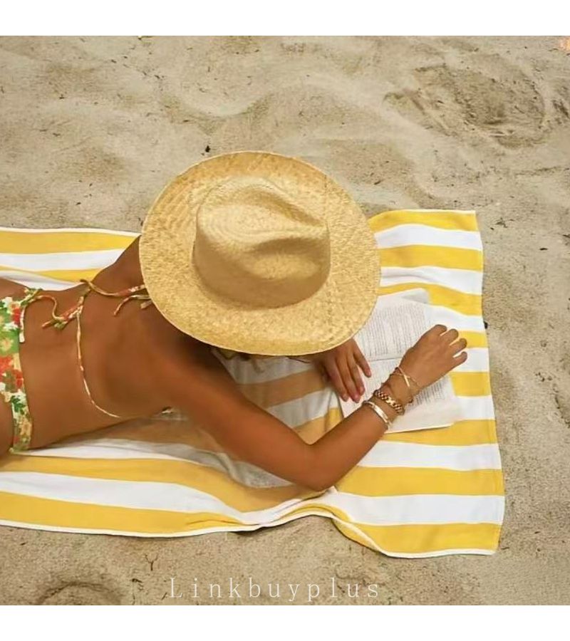 Light Yellow Striped Microfiber Beach Towel 70x150cm Quick Dry Soft Absorbent for Pool Swimming Travel - Image 2