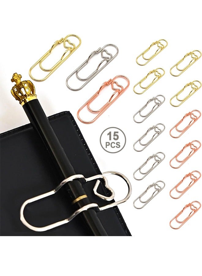 15Pcs Pen Holder for Notebook, Metal Pen Clips with Heart, Lovely Paper Clip Holder, Multifunctional Cute Journal Paperclips Large Size, Pencil Holder for Office School Supplies - Image 1