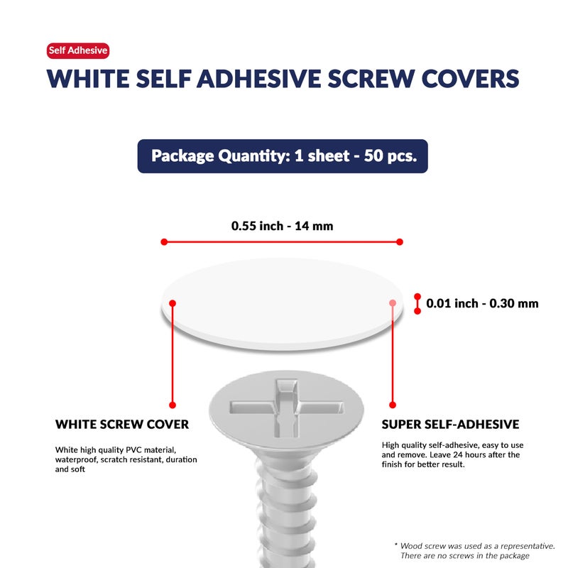 UNMAR White Self-Adhesive Screw Hole Stickers - 50 Pcs. 0.55 Inch / 14 Mm Peel Stick Dust Proof Tape, Water Resistance Pvc Caps For Wood Cabinets, Furniture, Drawer, Wardrobe, Kitchen, Table - Image 2