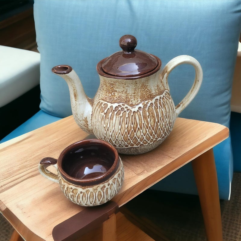 MALAIKAH Ceramic Brown Curved Tea Cup Set of 6 with Long Kettle - for Tea, Cold & Hot Drink, Microwave and Dishwasher Safe, Ideal Gift for Birthday, Tea Lover, Family (C- 150ML) (K - 1Ltr) - Image 2