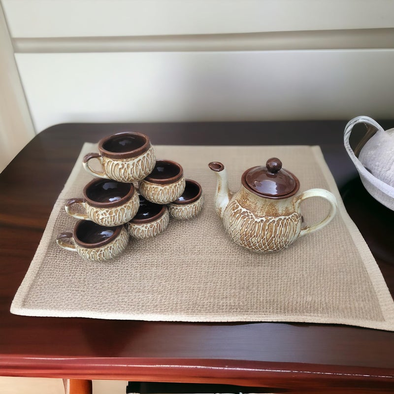 MALAIKAH Ceramic Brown Curved Tea Cup Set of 6 with Long Kettle - for Tea, Cold & Hot Drink, Microwave and Dishwasher Safe, Ideal Gift for Birthday, Tea Lover, Family (C- 150ML) (K - 1Ltr) - Image 1