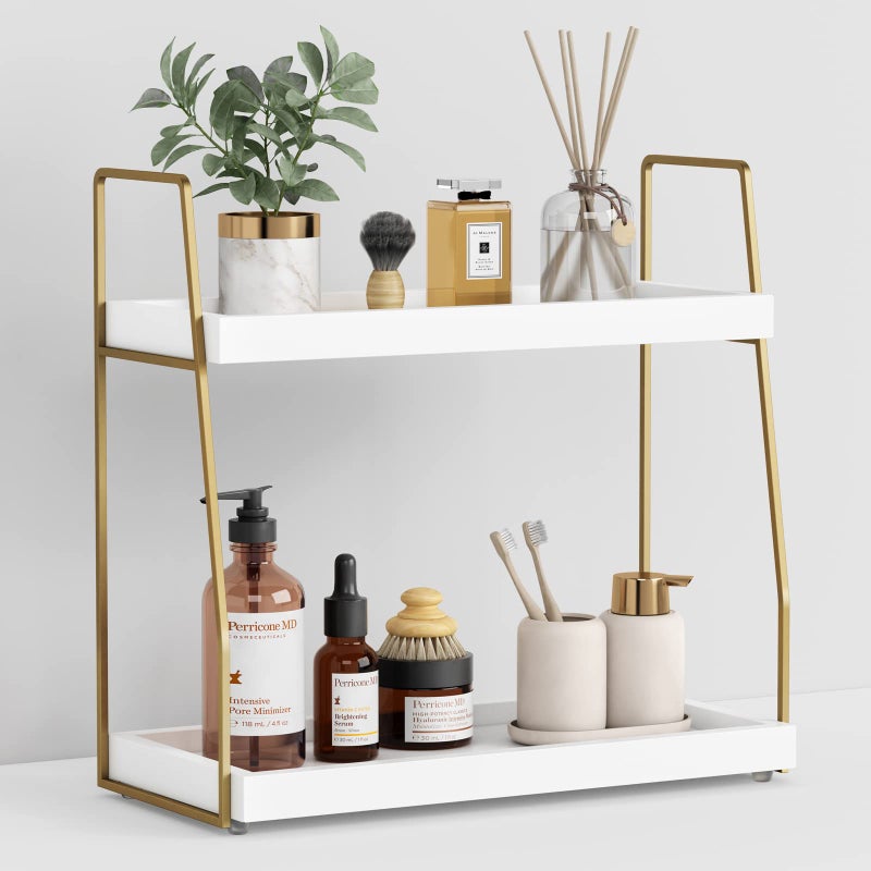 Forbena Bathroom Organizer Countertop, Counter Organizer for Bathroom Decor, Wooden Sink Shelf for Vanity Storage, Makeup Tray for Perfume Skincare Bedroom Kitchen Corner (2 Tier, White and Gold) - Image 1
