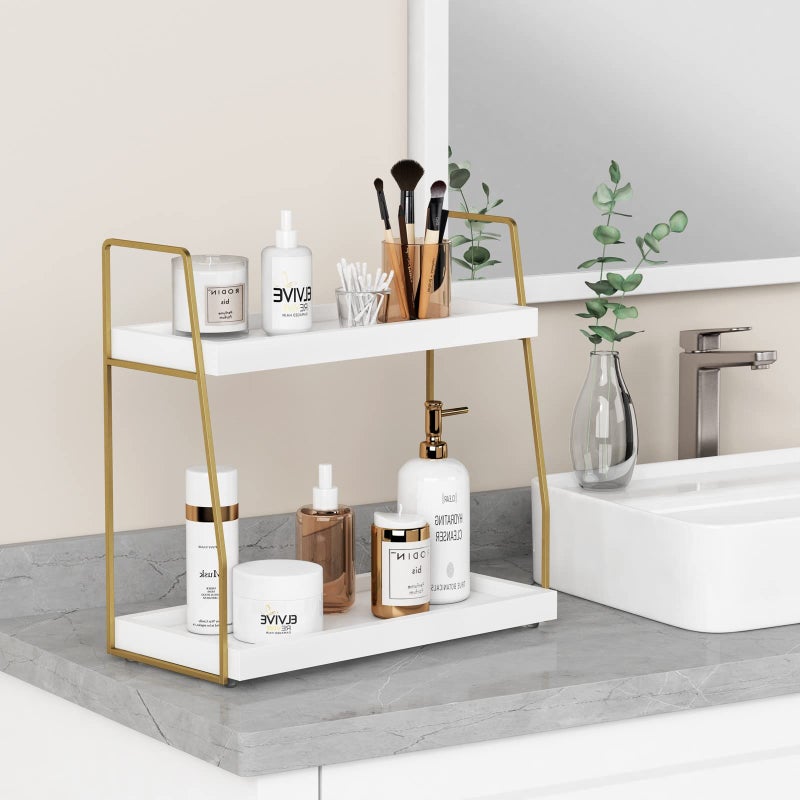 Forbena Bathroom Organizer Countertop, Counter Organizer for Bathroom Decor, Wooden Sink Shelf for Vanity Storage, Makeup Tray for Perfume Skincare Bedroom Kitchen Corner (2 Tier, White and Gold) - Image 3