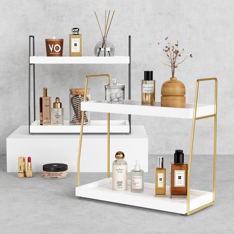 Forbena Bathroom Organizer Countertop, Counter Organizer for Bathroom Decor, Wooden Sink Shelf for Vanity Storage, Makeup Tray for Perfume Skincare Bedroom Kitchen Corner (2 Tier, White and Gold) - Image 5