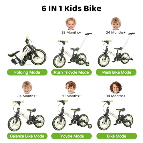 JMMD 6 in 1 Toddler Bike with Push Handle for Kids 1860 Months 12 Foldable Balance Bike with Training Wheels Pedals Brakes Kickstand Push Tricycle Toddler Gift Toys for Boy Girl - Image 5