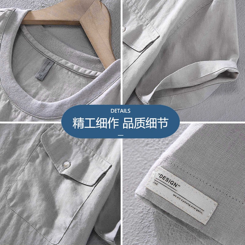 G093 Summer New Pure Linen Men's Youth Casual Loose T-shirt Short-sleeved Comfortable Breathable Fashionable All-match - Image 5