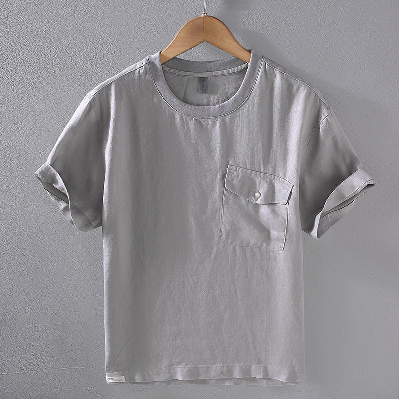 G093 Summer New Pure Linen Men's Youth Casual Loose T-shirt Short-sleeved Comfortable Breathable Fashionable All-match - Image 2