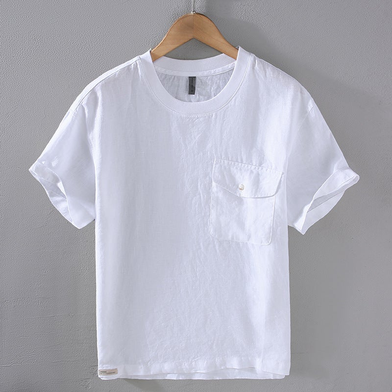 G093 Summer New Pure Linen Men's Youth Casual Loose T-shirt Short-sleeved Comfortable Breathable Fashionable All-match - Image 3