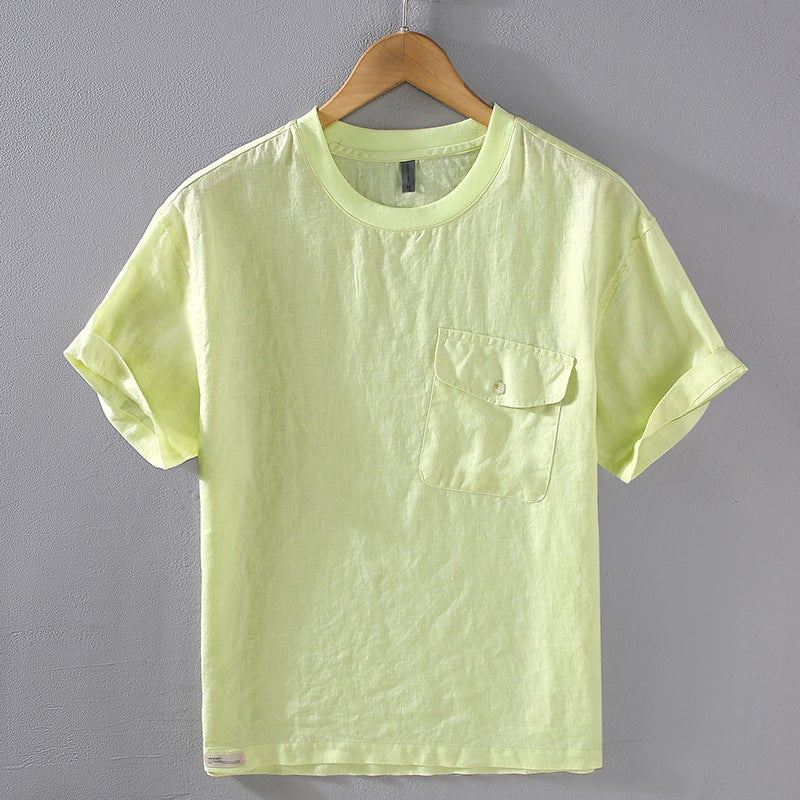G093 Summer New Pure Linen Men's Youth Casual Loose T-shirt Short-sleeved Comfortable Breathable Fashionable All-match - Image 4