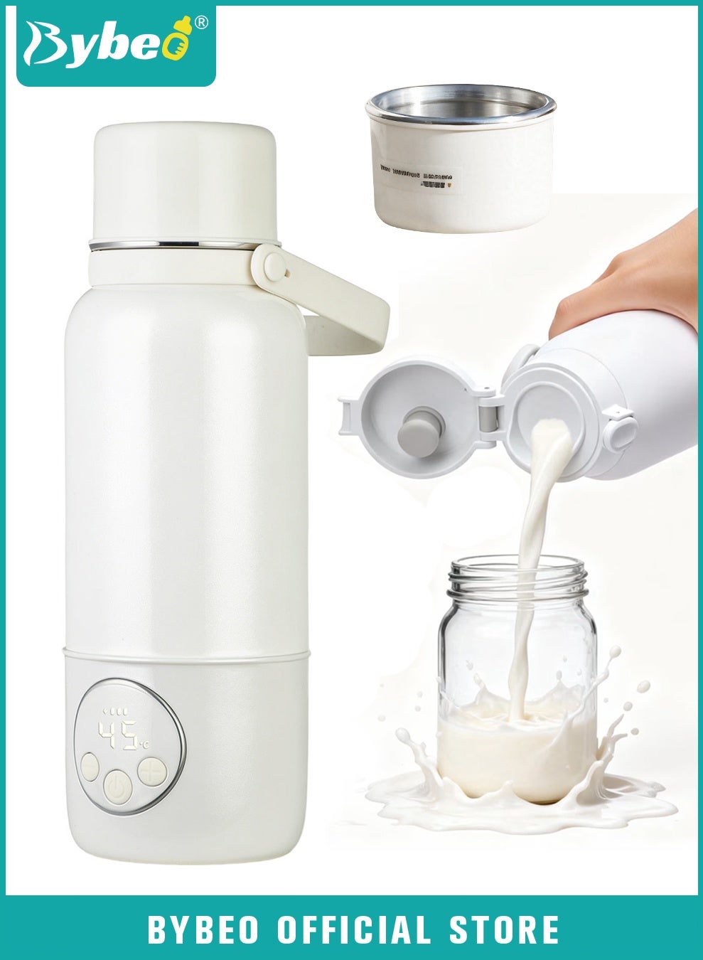 Bybeo Portable Milk Warmer for Travel, Multifunctional Baby Bottle Warmer, 500ML Stainless Steel Vacuum-Insulated Mug with Handle, Adjustable Breastmilk and Formula Warmer with Fast Heating ＆ 37°C to 